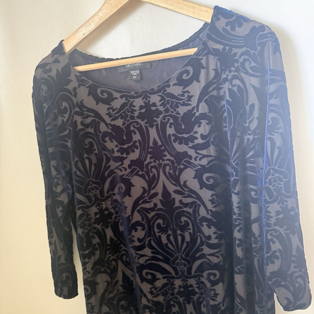 Karen Kane Top Women’s 2X Blue Velvet Burnout Plus Paisley Floral 3/4 Sleeve - Picture 5 of 9